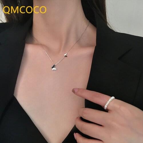 QMCOCO New 925 Silver Zircon Double Butterfly Pendant Necklaces For Women Charm Trendy Jewelry Party Wedding Gifts Decoration