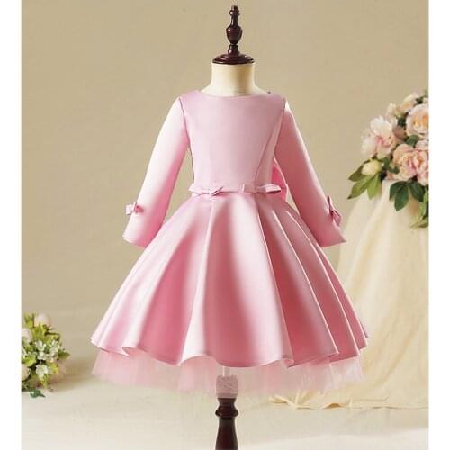 Pink Satin Lace Girl Dress Evening Party Princess Gowns Long Sleeve Flower Girl Dresses for Wedding kids First Communion Gown
