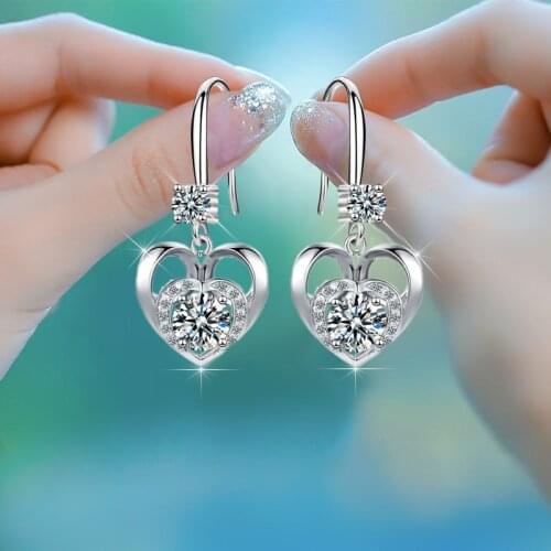Cute Heart White Round Stone Drop Earrings Female Eternal Love Crystal Zircon Dangle Earrings For Women Wedding Fashion Jewelry