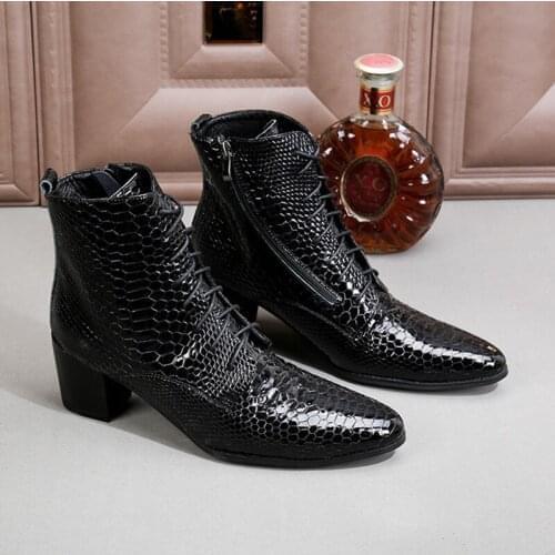 Stylish Black Snake Veins Ankle Boots Winter Lace Up Military Boots Height Increasing Cowboy Boots Mens Indestructible Shoes