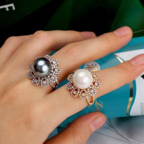 Bride Talk Beautiful Sweet Romance Micro Paved Cubic Zircon Dubai Wedding Ring Big Pearl Arab Jewelry Rings For Women Party Gift