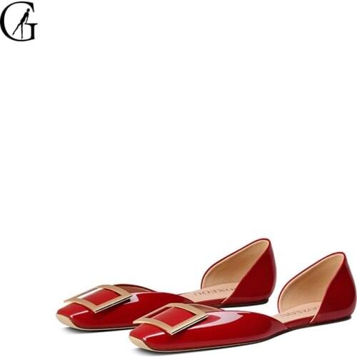 GOXEOU Womens D'orsay Flats Patent Leather Red Metal Button Comfortable Simple Casual Business Fashion Lady Shoes Size 32-46