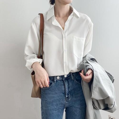 Women Clothing Casual White Shirts 2021 Summer New Korean Chic Simple Temperament Female Long Sleeved Lapel Loose Blouses Tops