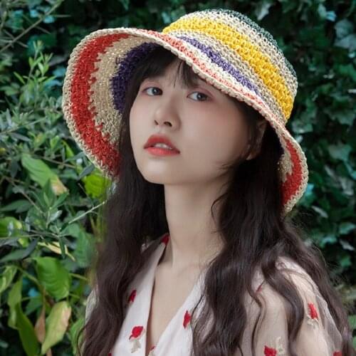 Rainbow Color Womens Straw Hats Straw UV Protection Sun Visor Beach Cap Women Visors Crochet Foldable Female Summer Sun Hat