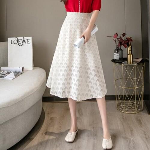 2021 Autumn New Women Midi Skirt Korean Elegant High Waist A-line Jacquard Chiffon Long Skirt Ladies Apricot Fashion Skirts