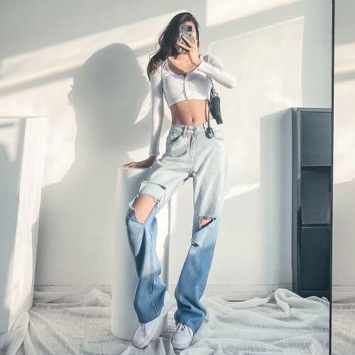 Korean version of the new ripped jeans womens high waist loose casual drape retro beggar wide leg pants mopping pants women