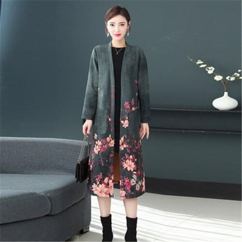 Vintage Suede Outerwear 2021 Ethnic Style Plus Size Printed Deerskin Cardigan Windbreaker Womens Spring Autumn Long Trench Coat