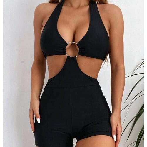 Womens Sexy One-piece Halter Bikini Personality Solid Color/Printing Metal Ring Slim Fit Swimsuit