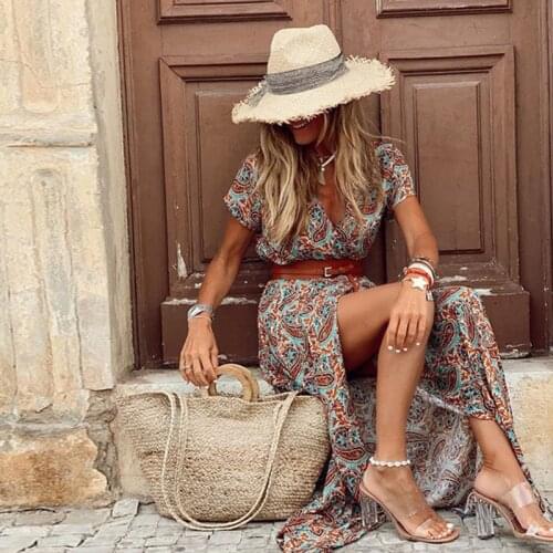 Summer And Autumn Womens Bohemian Style Oversized Dress V-neck Long Sleeve Floral Print Belt High Score Party Long Skirt Dress