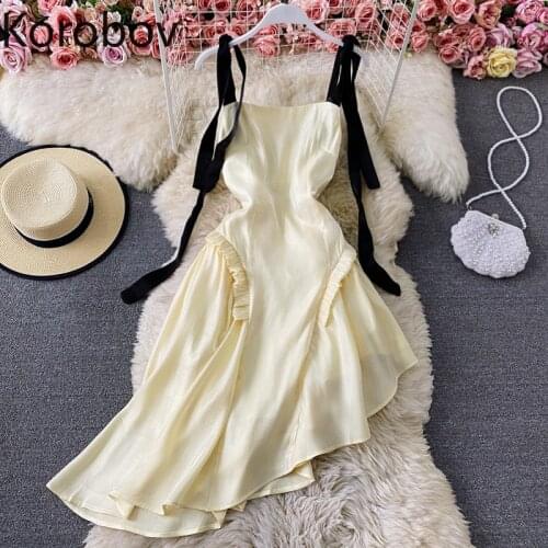 Korobov Contrast Color Spaghetti Strap Dress Women Slim Waist Backless Ruffle Patchwork Irregular Camisole Dresses Robe Femme
