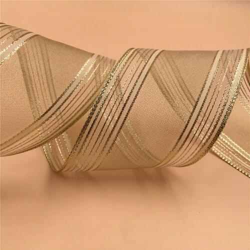 N2104 63mm X 25yards Lt gold organza metallic striped gift packaging wired edge ribbon