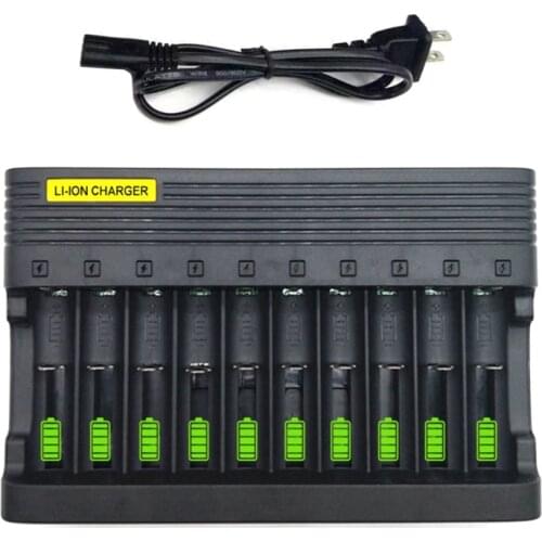 Independent Slot US Plug Charger Compact 10-Slot Battery Charger 3.7/4.2V 14500 16340 18650 Li-ion Rechargeable Battery H3CA