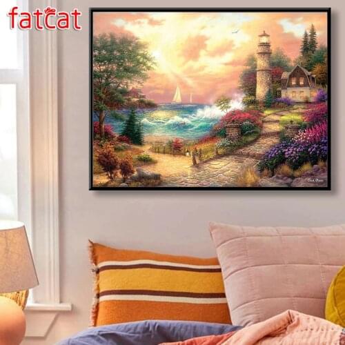 FATCAT Seaside lighthouse landscape 5d diy diamond painting full square diamond embroidery rhinestone round kits decor AE2691