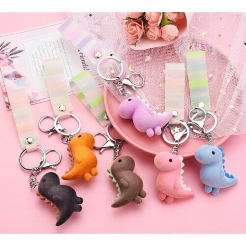 Flocking Acrylic Dinosaur Key Chain Cartoon Doll Matte Leather Cord Keyring Cute Bag Car Pendant Keychains Accessories Gifts
