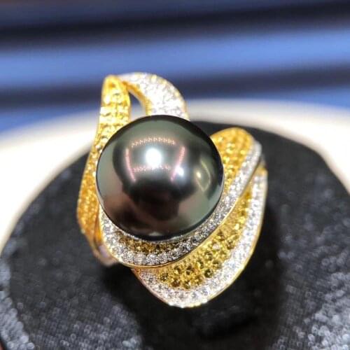 D726 Pearl Ring Fine Jewelry S925 Sterling Silver 10-11mm Nature Sea Water Black Tahiti Pearls Rings for Women Presents
