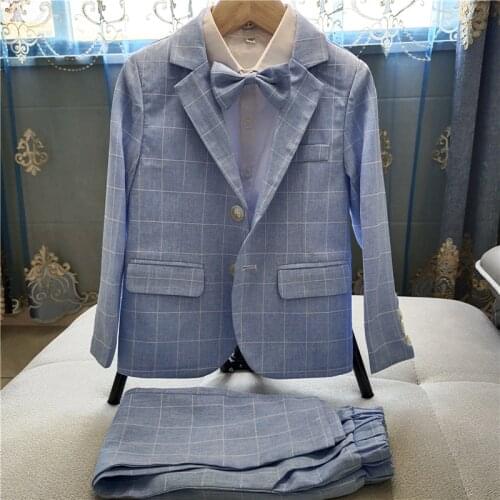 Toddler Boys Dress Suits Autumn Winter Kids New Korean Plaid Blazer Pants Shirt 3 Pcs Set For Boy 2-11 Y Child Performance Set