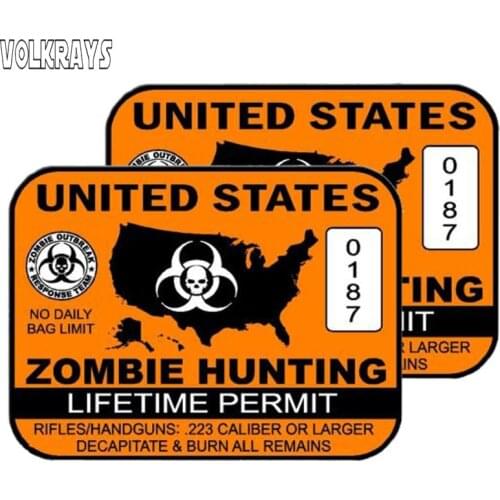 Volkrays 2 X Cool Car Sticker Orange United States Zombie Hunting Permit Accessories Sunscreen PVC Decal for Lada Kia,11cm*15cm