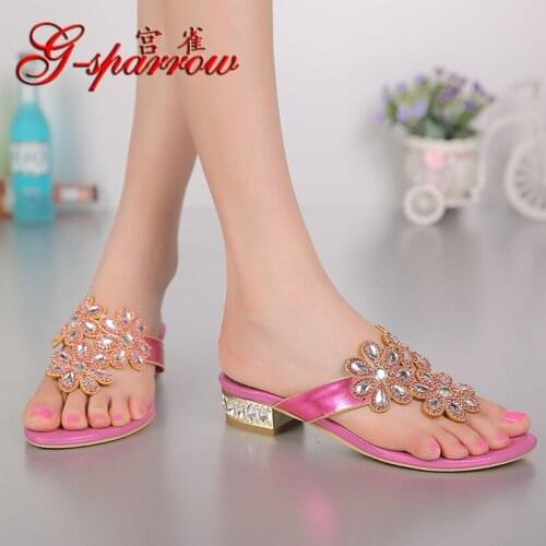 G-sparrow 2019 New Womens Fashion Rhinestones Slippers Flat Heels Flip Flops Gold Pink Size 11 High Quality