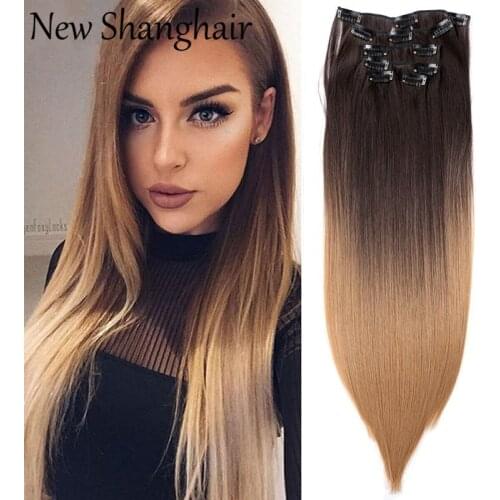 New Shanghair Synthetic Hair 22 Inch Long Straight Hair Extension 6pcs/set 12 Clips Brown Synthetic Hairpiece Clip In