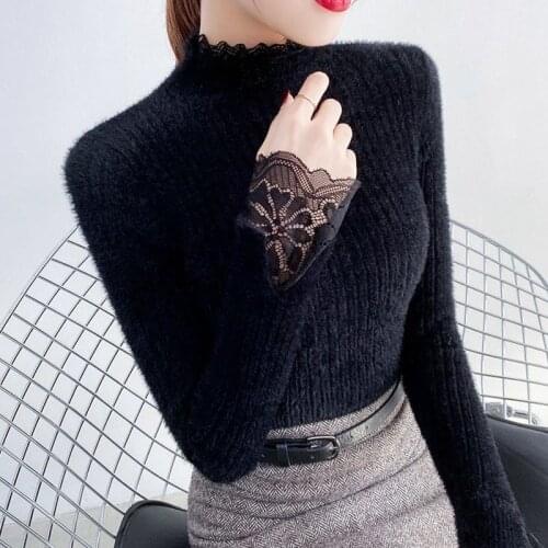 Autumn Winter Fashion New Cashmere Sweater Women Half High Collar Lace Stitching With Tight Knit Bottom Solid Color Lady Sweater