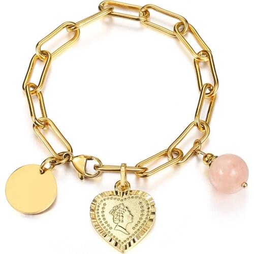 Personalized Bracelet for Women 7mm Gold Color Queen Elizabeth Bead Charm Stainless Steel Paperclip Link Charms Jewelry LDB313