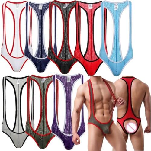 Sexy Men Jumpsuits Jockstrap Mesh Transparent Breathable Sexy One-Piece Male Bodysuits Underwear Tights Leotard Undershirt