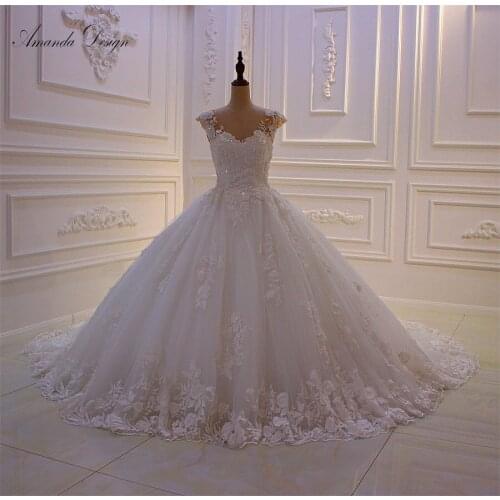Amanda Design robe demoiselle d'honneur Cap Sleeve Lace Appliqued Wedding Dress