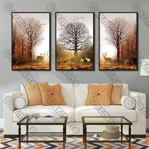 Poster Orange Forest Landscape Animal Canvas Painting and Prints Wall Art Pictures Decoration for Living Room 3Pcs Frameless