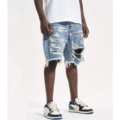 Washed Blue Distressing Shorts High Quality Hip Hop Skateboarder Ripped Jeans