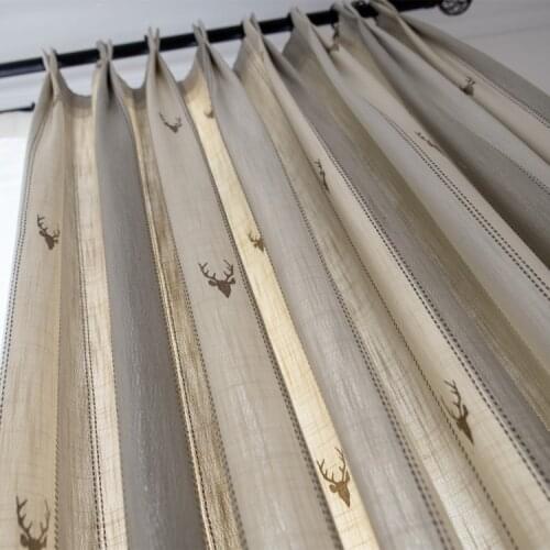 Simple Modern Nordic Elk Striped Embroidered Curtain Cotton and Linen Curtains for Bedroom Living Room Curtains Window Curtain