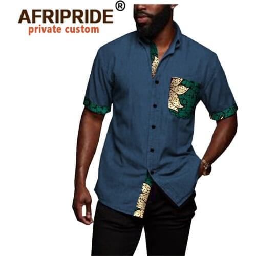 African Shirts for Men Denim Thin Shirt Short Sleeve Pockets Slim Slight Elastic Jeans Cowboy Shirt Clothing Crop Top A2012006
