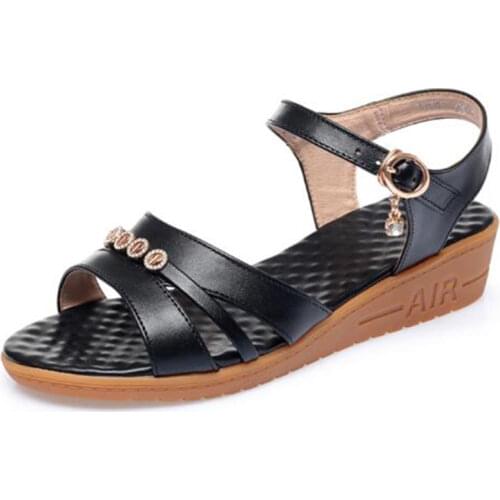 Hot 2020 Summer New Genuine Leather Rhinestone Women Sandals Soft Bottom Non-slip Wedge Sandals Concise Fashion Casual Sandals