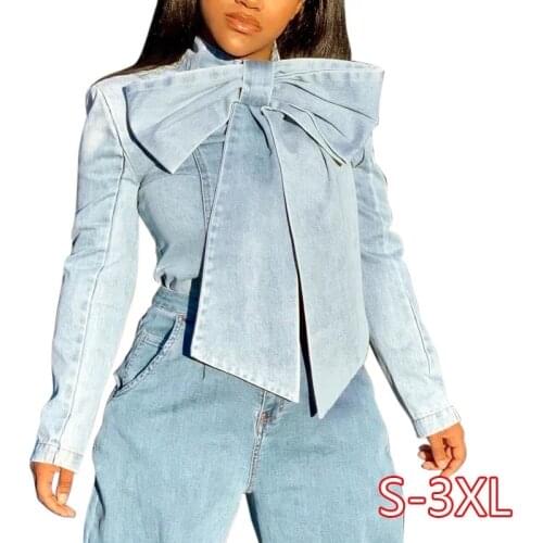 Vintage Jeans Blouses Tops Plus Size Women Fashion Bow Tie Single Breasted Denim Blouse Female Casual Buttons Long Sleeve Shirts