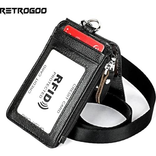RETROGOO Genuine Leather Business Card Holder With Lanyard RFID Blocking Card Cover For Chest ID Card Holder Cow Leather Wallet
