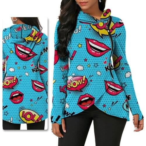 Ladies Hoodie, 2021 Spring and Autumn Ladies Long Sleeve Clothes Zipper Lip Irregular Sweater T-shirt Sweatshirt