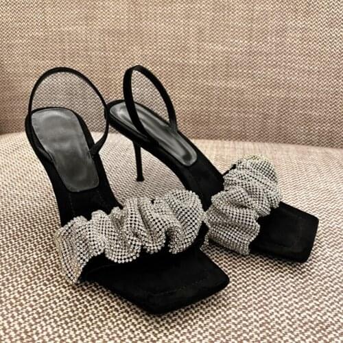 SIMLOVEYO Summer Kid Suede Black Fashion Crystal Peep Toe High Heels Shoes Women Party Casual Ladies Heels Sexy Size 33-43