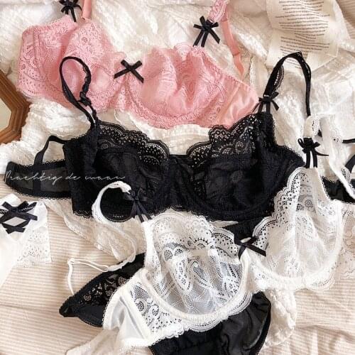 70-95 ABCD Big Size Lace Ultrathin Lingerie Suits Bow Transparent Women Sexy Push Up Brassiere Panties Ladies Underwear Bra Set