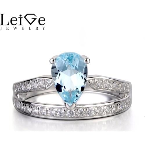 Leige Jewelry Pear Cut Aquamarine Engagement Rings for Women 925 Sterling Silver Wedding Promise Ring Blue Gemstone Jewelry