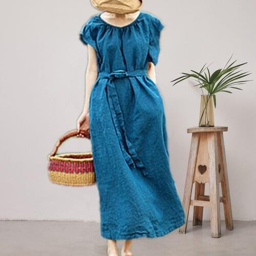 19 A Summer Flax Sheep Lake Blue Heart-shaped V Lead Sleeveless Build Piece Easy Dress Robe - Belt 90305 h190422