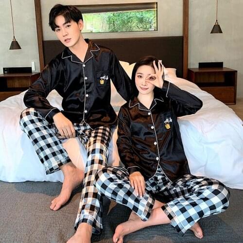 2020 Autumn Couple Long Sleeve Silk Satin Pajama Sets for Women Casual Plaid Sleepwear Pyjamas Men Homewear Pijama Mujer Clothes