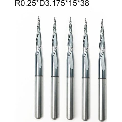 5pc/lot R0.25-1.0*D3.175*15*38 HRC55 Tungsten solid carbide Coated Tapered Taper Ball Nose End Mill cone type cnc milling cutter