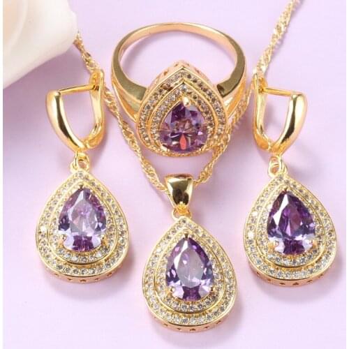 AAA+ Purple Natural Stone Jewelry Sets Dubai Gold Color Drop Earrings And Necklace Sets For Women Gift Sets 6-Colors Costume