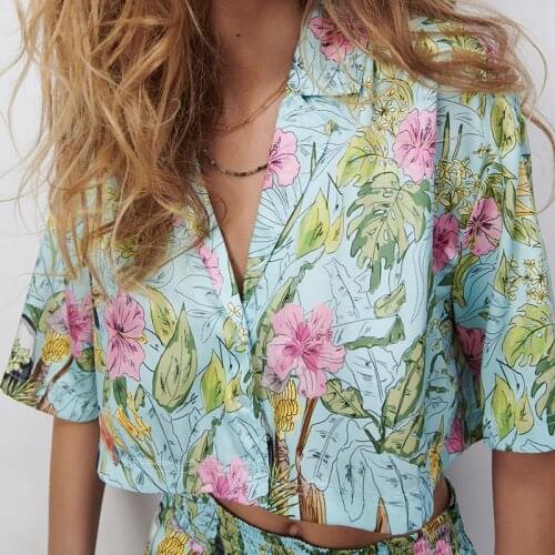 Womens Shirt 2021 Summer Fashion Printed Loose Blouses and Shorts Vintage Long Sleeve Shirts Female Streetwear Tops Shorts Sets