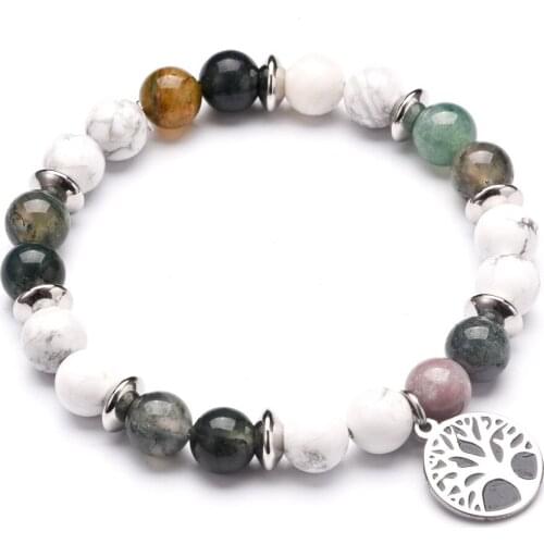 Stainless Spacer 8mm Colourful Natural Stone Beads Bracelets Tree of Life Yoga Charms Bracelet for Women Men Strench Jewelry