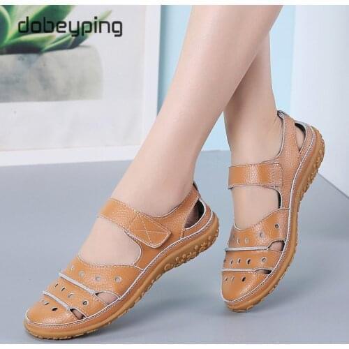 Dobeyping Breathable Hollow Womens Sandals Cow Leather Woman Summer Shoes Sewing Beach Female Flat Shoe Ladies Big Size 35-43