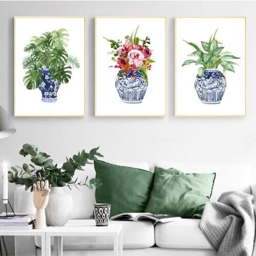 Porcelain Vase Art Printing Poster Blue White Vase Flower Plants Wall Art Canvas Painting Floral Shop Scandinavian Home Decor
