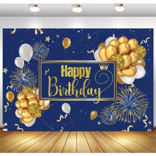 Customize Happy Birthday Blue Theme Photo Background Fireworks Balloons Family Celebration Party Backdrops Dinner Table Decor