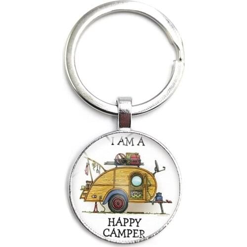 I Am A Happy Camper Vintage Camper Car Key Ring Glass Cabochon Car Key Pendant Male and Female Keychain Gift Jewelry