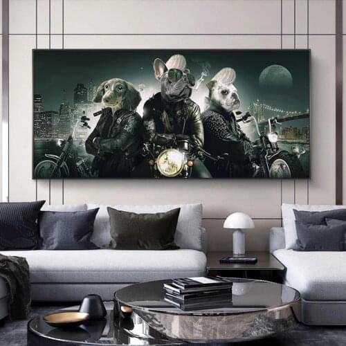 Modern Dog riding a motorcycle smoking Large Poster Wall Art Pictures Print Canvas Painting Home Decoration