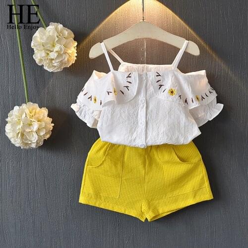 HE Hello Enjoy Baby Girls Clothes Summer Children Clothing 2019 Condole belt Off Shoulder Embroidery Top+Shorts Sets Outfits